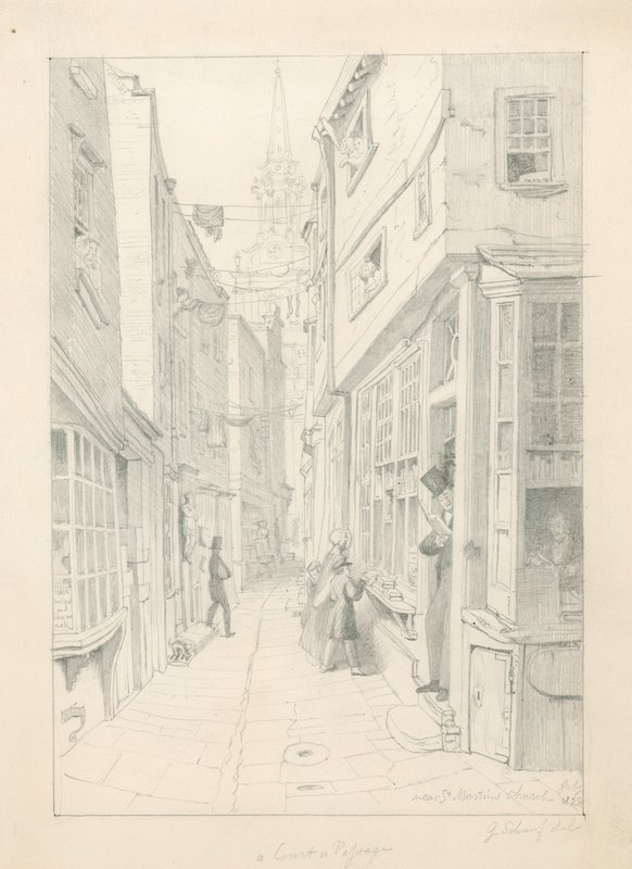 Un cortile o passaggio vicino alla chiesa di St Martins, Londra, luglio 1828 da English School