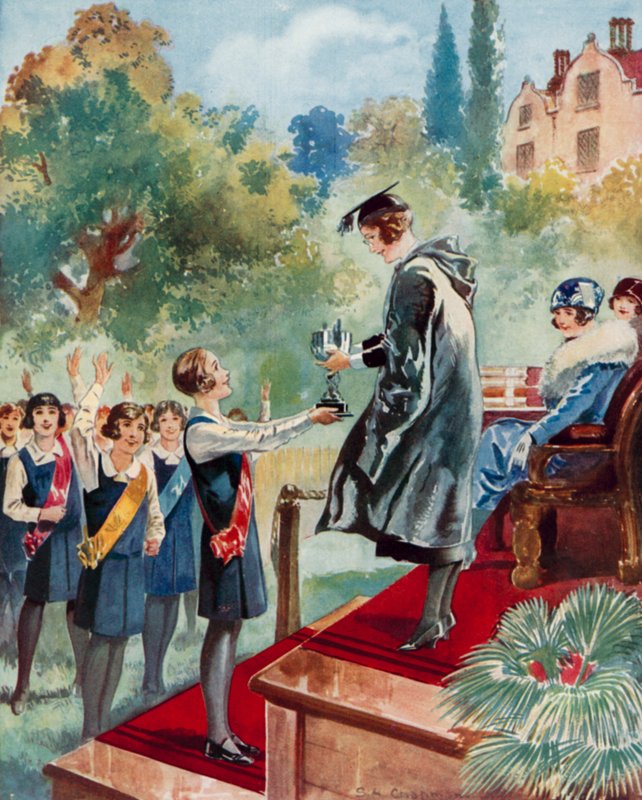 Un trionfo della quarta classe: una scolara viene premiata con un trofeo da English School