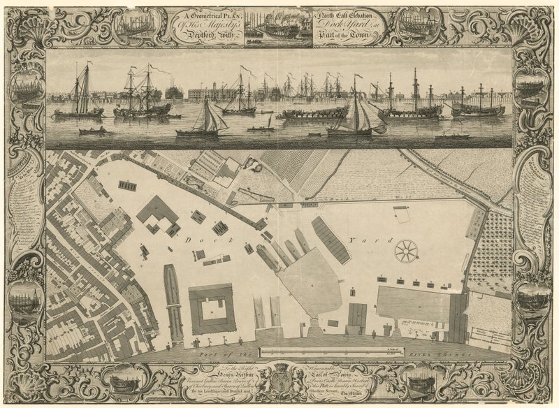 Piano geometrico e elevazione nord-est del Cantiere Navale di Sua Maestà a Deptford con parte della città da English School