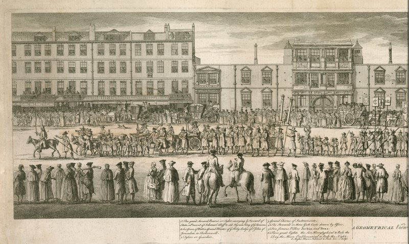 Vista geometrica della grande processione dei Miserabili Scalzi, Somerset House, Londra da English School