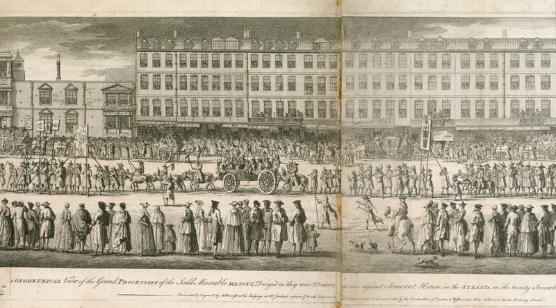 Vista geometrica della grande processione dei Miserabili Scalzi, Somerset House, Londra da English School