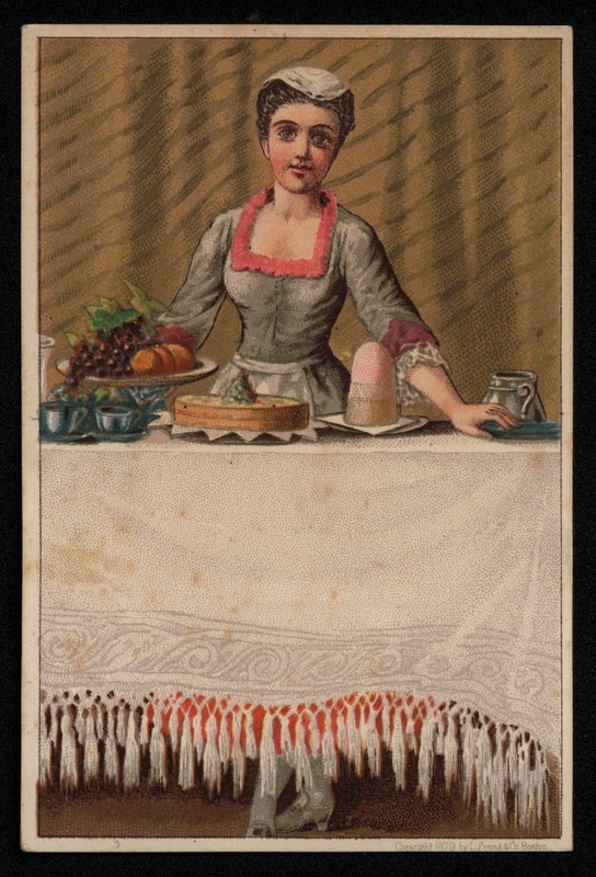 Cameriera che apparecchia una tavola con cibo, cartolina di auguri da English School