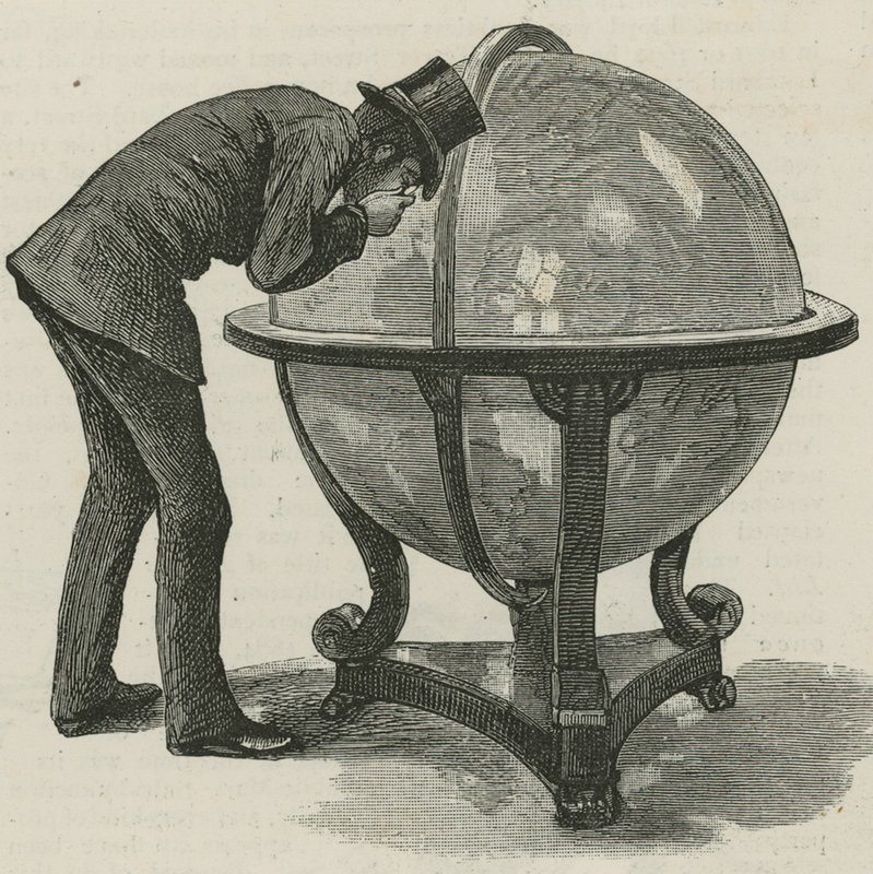 Un uomo di Lloyds che studia un globo da English School