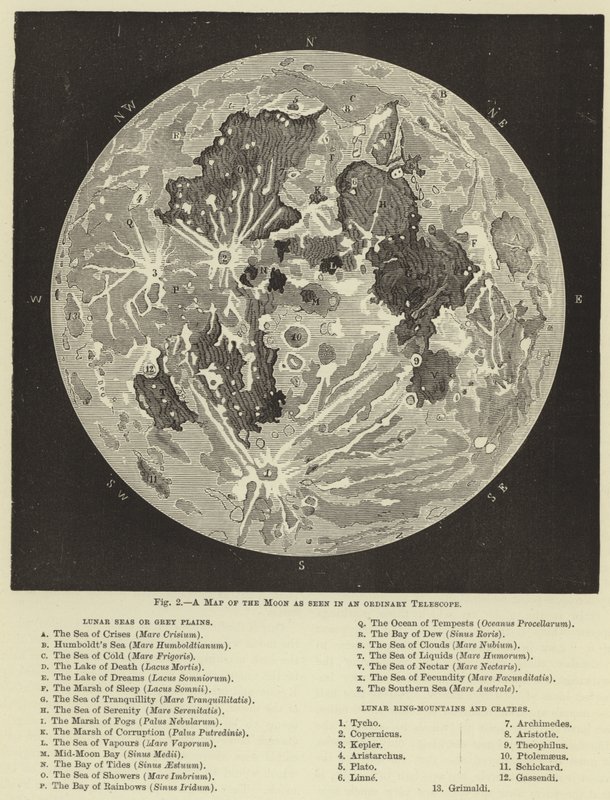 Una mappa della luna vista in un telescopio ordinario da English School