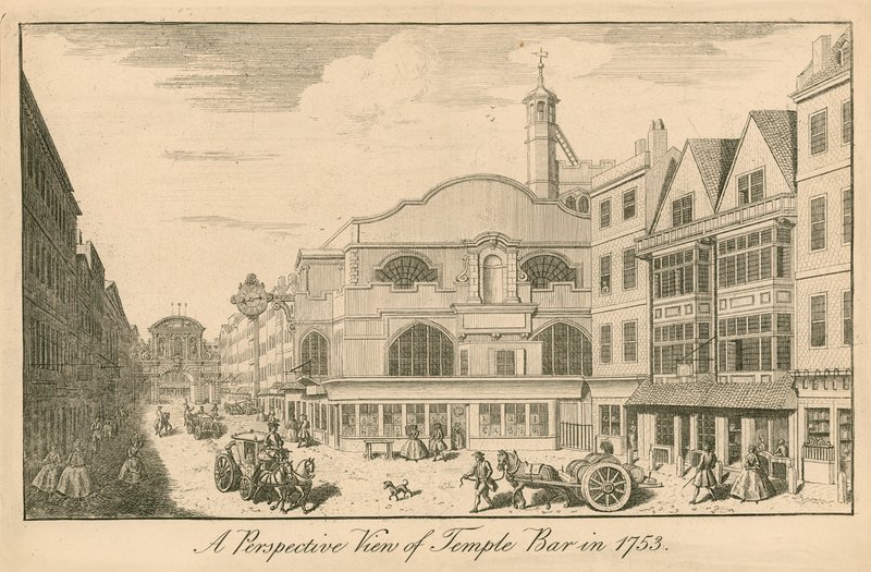 Vista prospettica di Temple Bar, Londra, nel 1753 da English School