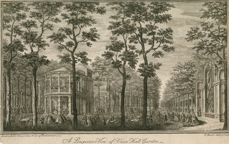 Vista prospettica dei Giardini di Vauxhall, Londra da English School