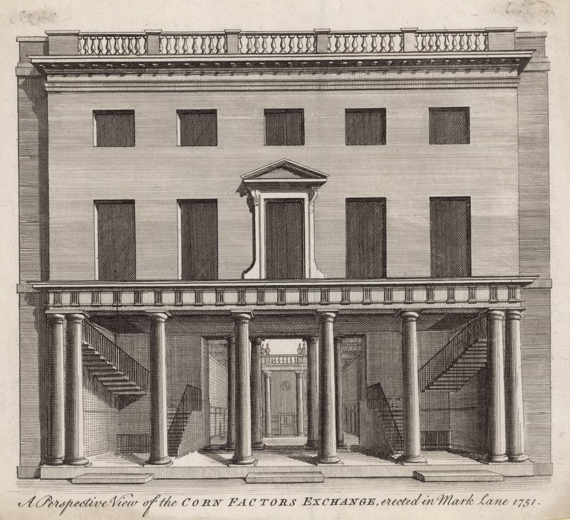 Vista prospettica del Mercato dei Fattori del Grano, eretto in Mark Lane 1751 da English School