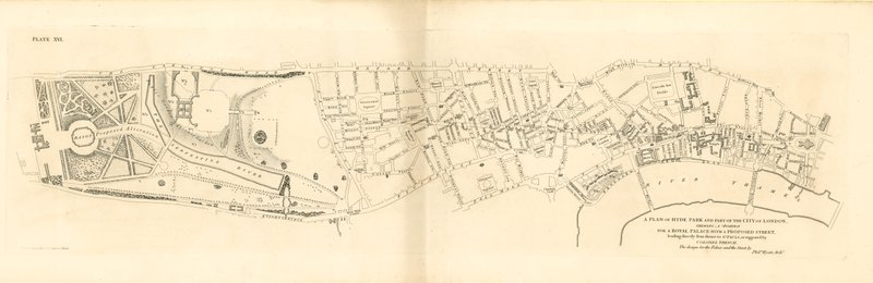Un piano di Hyde Park e parte della Città di Londra, mostrando una posizione per un Palazzo Reale da English School