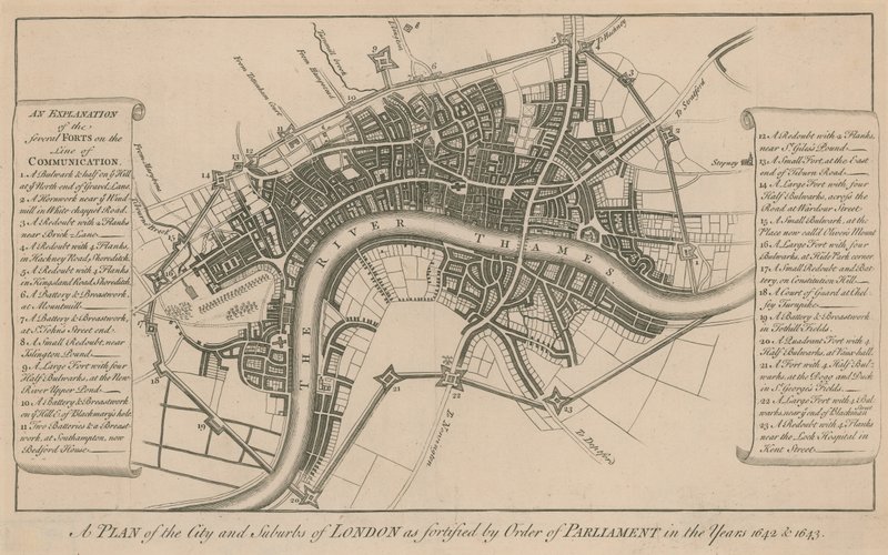 Piano della città e dei sobborghi di Londra fortificati per ordine del Parlamento negli anni 1642 e 1643 da English School