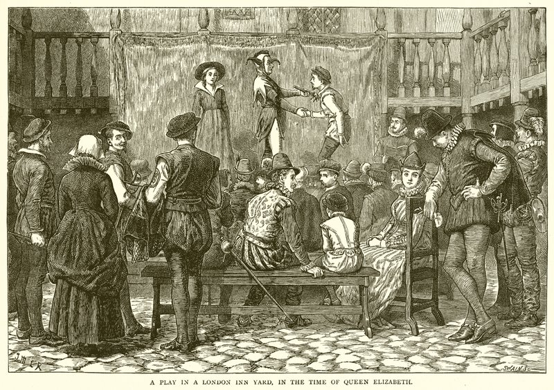 Una rappresentazione in un cortile di una locanda di Londra, ai tempi della regina Elisabetta da English School
