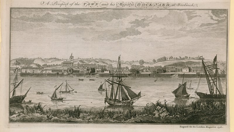 Una prospettiva della città e del cantiere navale di Sua Maestà a Woolwich da English School