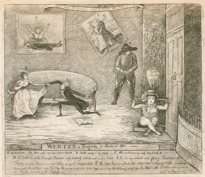 Una scena dalla burlesca di F. Reynolds Werter, rappresentata per la prima volta al Teatro di Covent Garden, Londra, il 14 marzo 1786 da English School