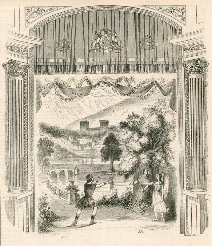 Una scena della commedia Re Artù, Teatro Drury Lane, Londra da English School