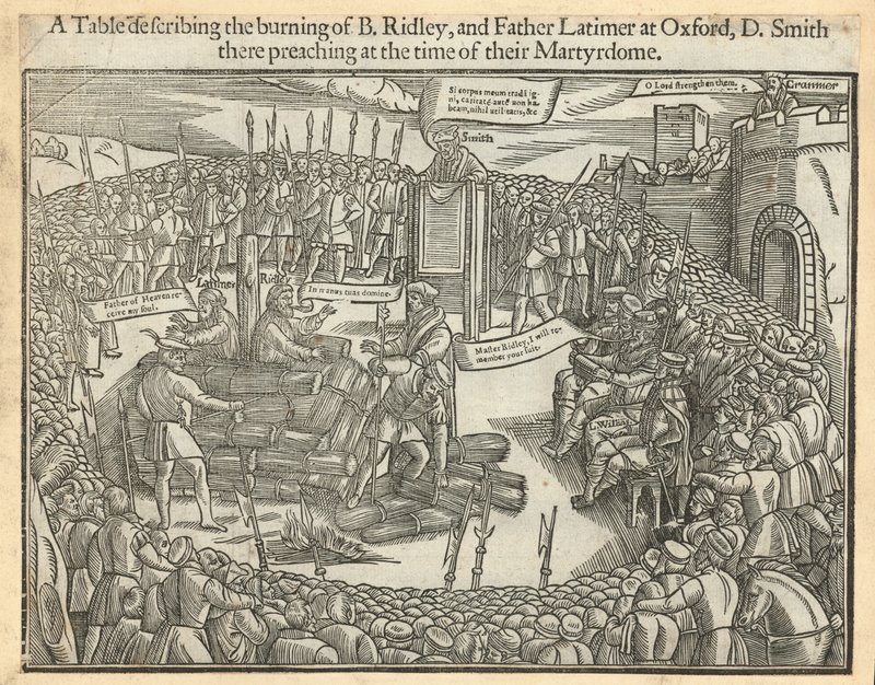 Una tavola che descrive il rogo del vescovo Ridley e del padre Latimer a Oxford da English School