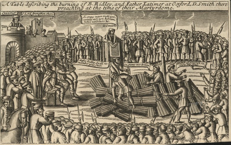 Una tavola che descrive il rogo del vescovo Ridley e del padre Latimer a Oxford da English School