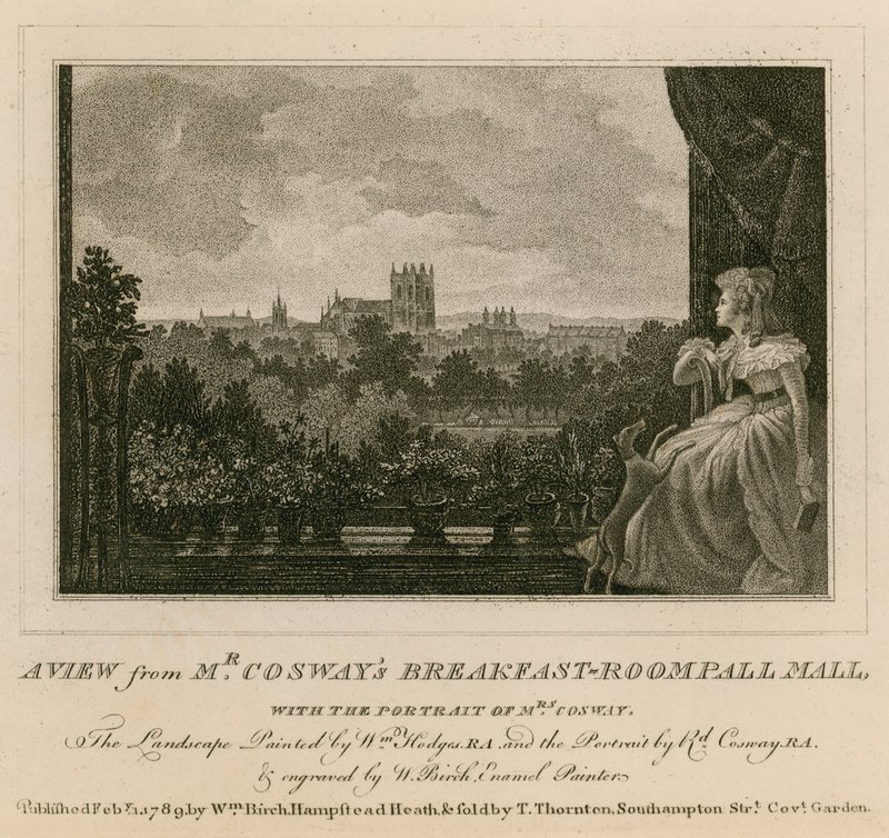 Una vista dalla sala colazioni del signor Cosway, Pall Mall, con il ritratto della signora Cosway da English School