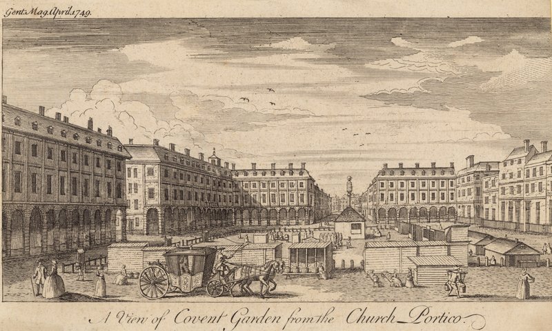 Vista di Covent Garden, Londra, dal portico della chiesa da English School