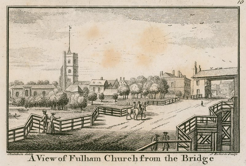 Veduta della Chiesa di Fulham, Londra, dal Ponte di Fulham da English School