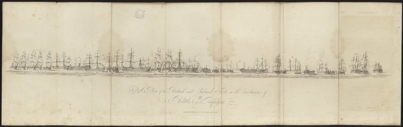 Vista delle flotte britanniche e combinate alla conclusione della Battaglia di Trafalgar da English School