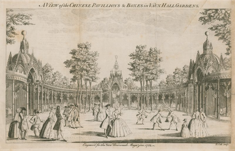 Veduta dei Padiglioni cinesi e delle logge nei Giardini di Vauxhall, Londra da English School