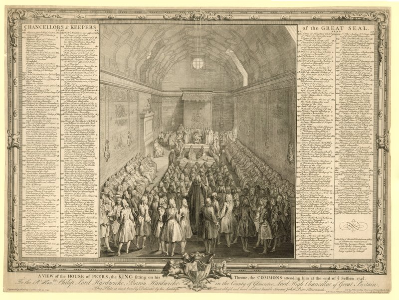 Veduta della Camera dei Lord, il re seduto sul suo trono, i Comuni che lo attendono alla fine della sessione 1741 da English School