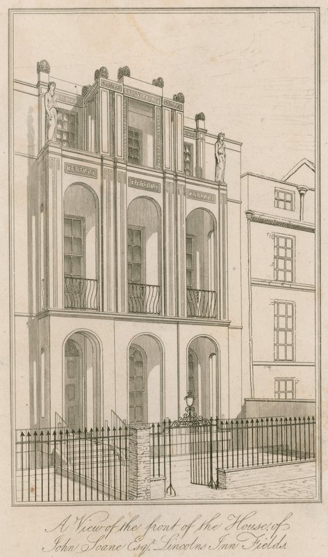Vista della facciata della casa di John Soane Esq, Lincolns Inn Fields, Londra da English School