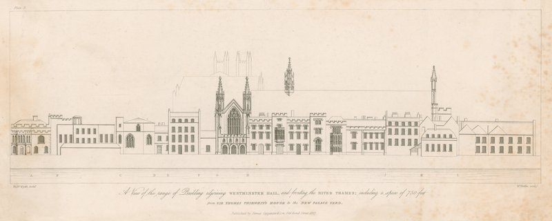 Vista della gamma di edifici adiacenti a Westminster Hall e fronteggianti il fiume Tamigi da English School