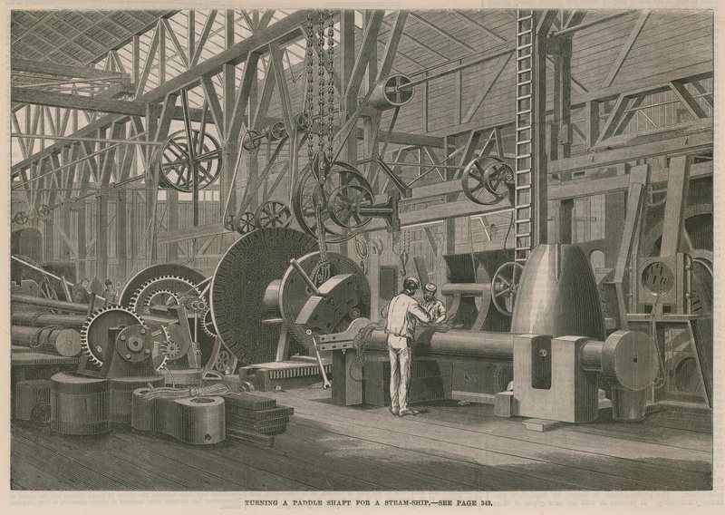 Visita alla fabbrica di motori marini Penn a Greenwich, Londra; Tornitura di un albero a pale per una nave a vapore da English School