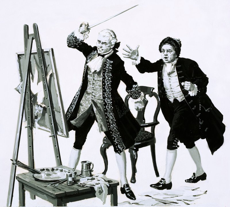 Un giovane uomo tagliò con una spada un ritratto poco lusinghiero di suo padre di Hogarth da English School