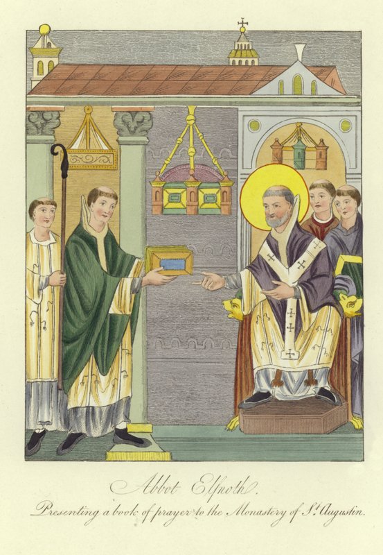Abate Elfnoth che presenta un libro di preghiere al Monastero di Sant