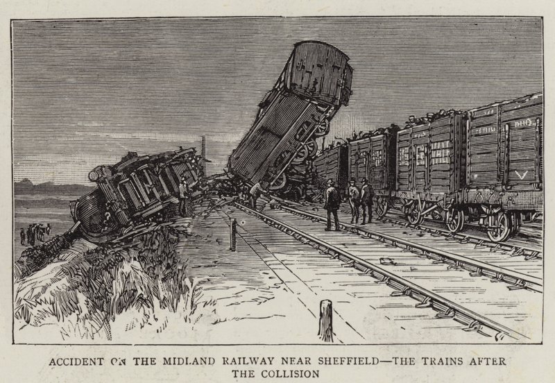 Incidente sulla Midland Railway vicino a Sheffield, i treni dopo la collisione da English School