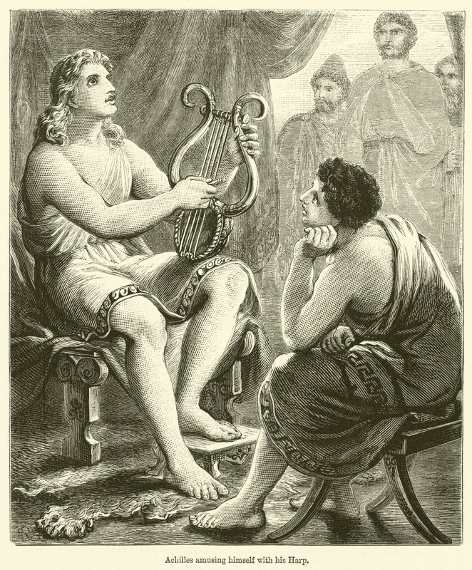 Achille che si diverte con la sua arpa (incisione) da English School