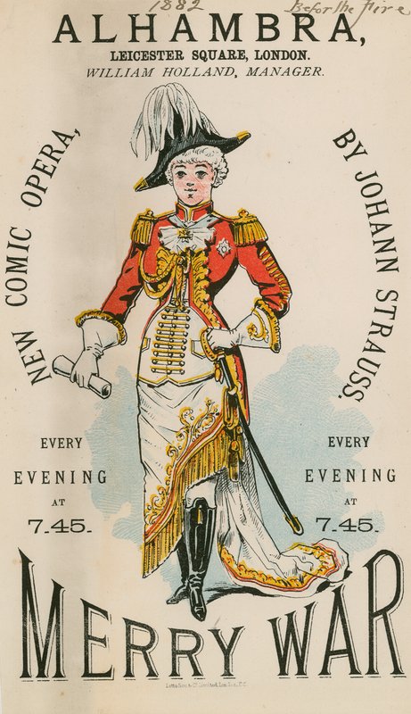 Pubblicità per The Alhambra, Leicester Square, Londra, per Merry War, una nuova opera comica di Johann Strauss da English School