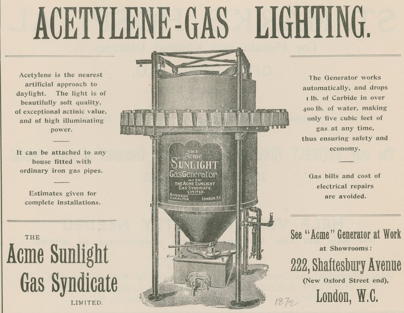 Pubblicità per Illuminazione a Gas Acetilene da English School