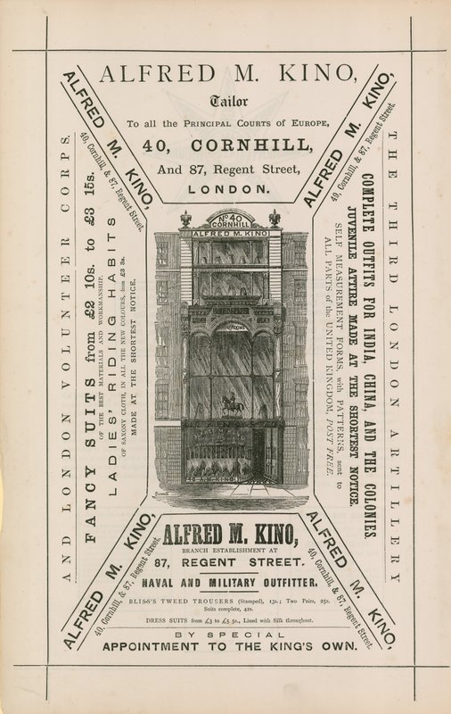 Pubblicità per Alfred M Kino, sarto, 40 Cornhill e 87 Regent Street, Londra da English School