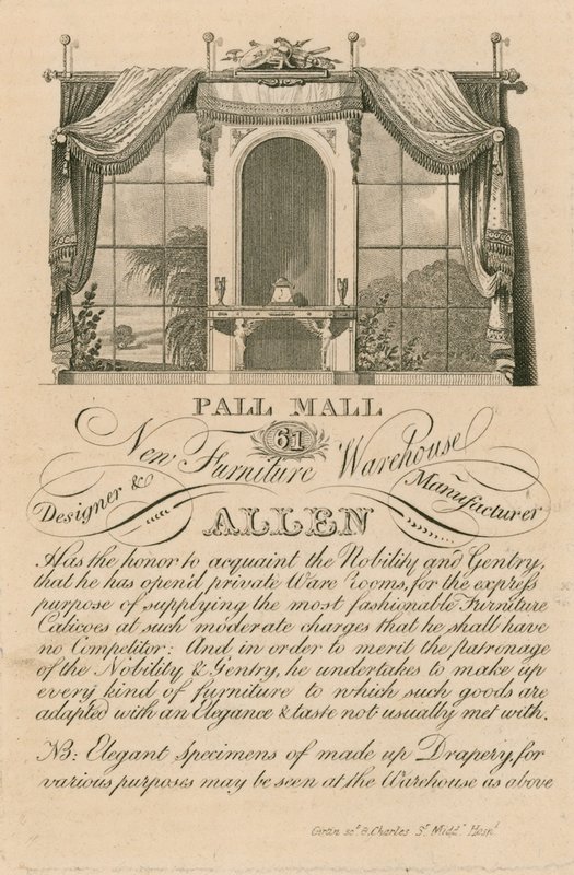 Pubblicità per il nuovo magazzino di mobili di Allen, 61 Pall Mall, Londra da English School