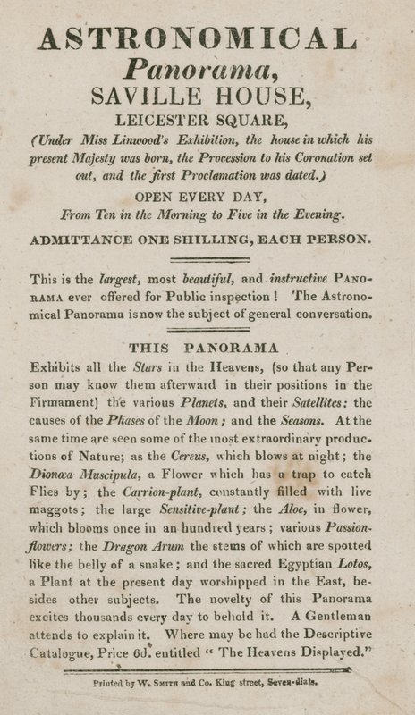 Pubblicità per il Panorama Astronomico, Saville House, Leicester Square, Londra da English School