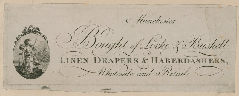 Pubblicità per Bought of Locke & Bushell, Manchester da English School