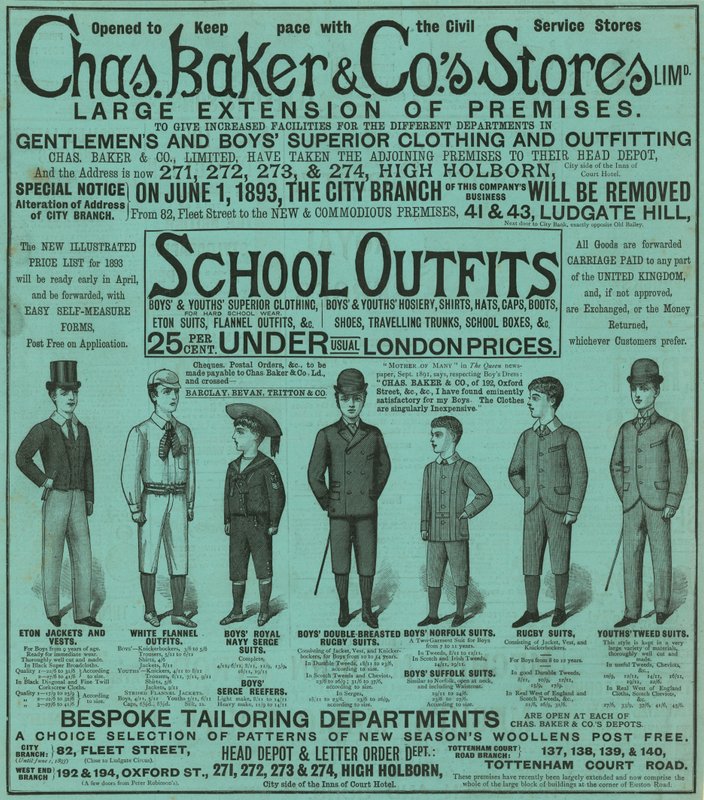 Pubblicità per i negozi Chas Baker & Co da English School
