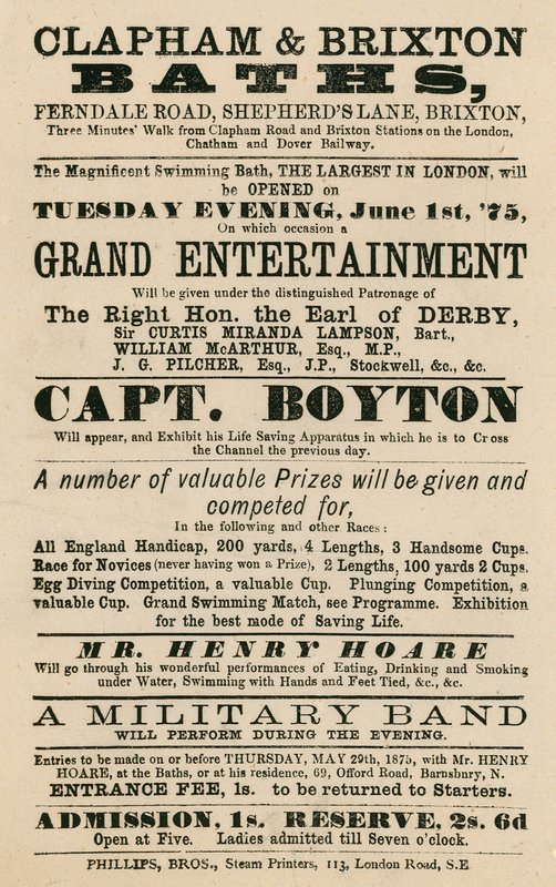 Pubblicità per Clapham and Brixton Baths, Ferndale Road, Shepherds Lane, Brixton, Londra; con Captain Boyton da English School
