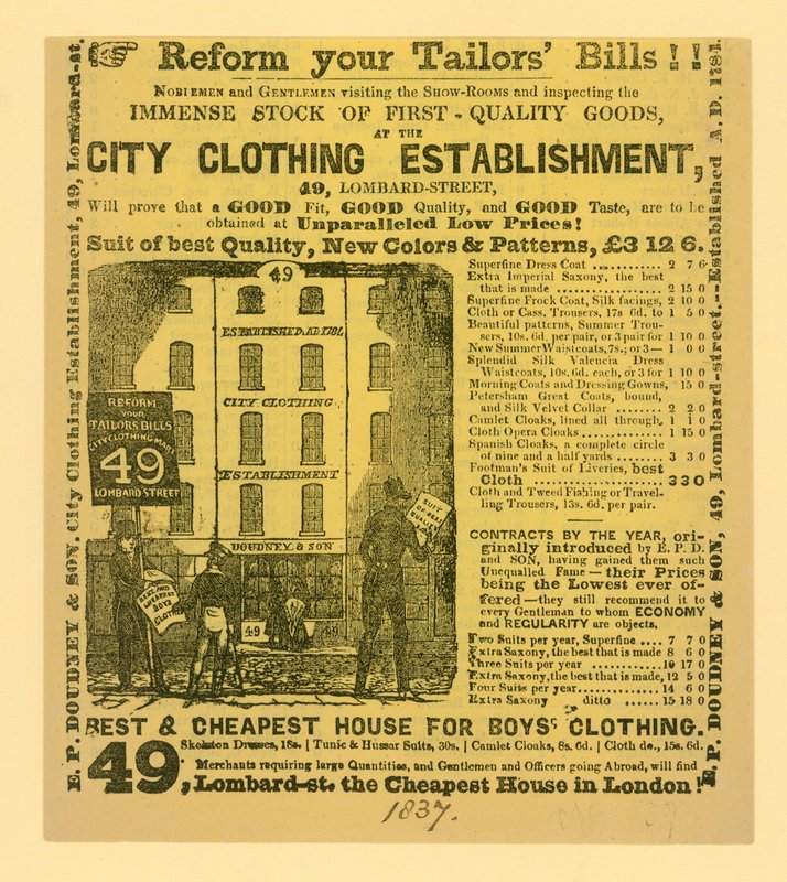 Pubblicità per Doudney & Son, City Clothing Establishment, 49 Lombard Street, Londra da English School