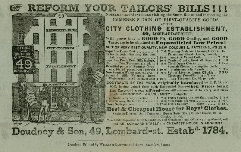Pubblicità per Doudney & Son, City Clothing Establishment, 49 Lombard Street, Londra da English School