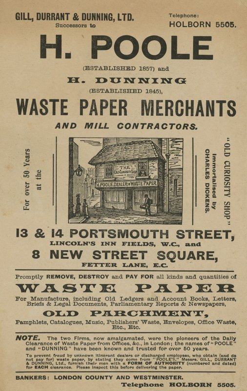 Pubblicità per H Poole e H Dunning, commercianti di carta straccia e appaltatori di mulini da English School