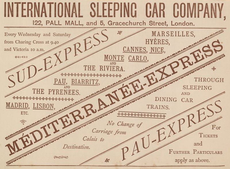 Pubblicità per International Sleeping Car Company, 122 Pall Mall e 5 Graceshurch Street, 1888 da English School