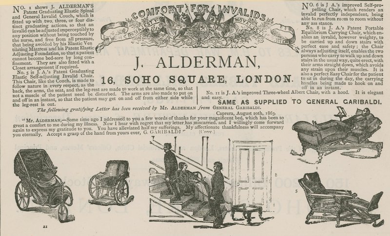 Pubblicità di J Alderman, produttore di carrozze per invalidi (incisione) da English School