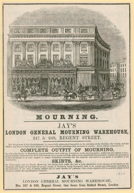 Pubblicità per Jays, London General Mourning Warehouse, 247 & 249 Regent Street, Londra da English School