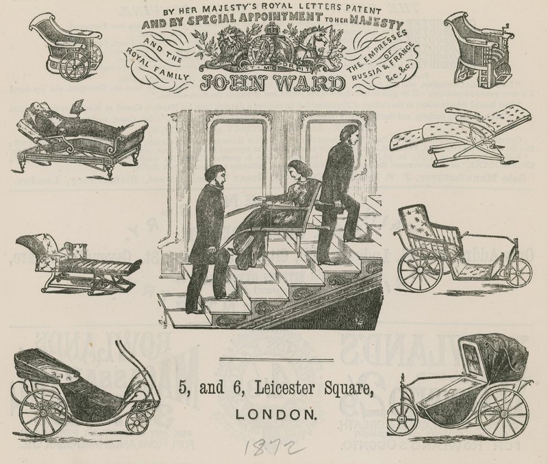 Pubblicità per John Ward, produttore di carrozze per invalidi da English School
