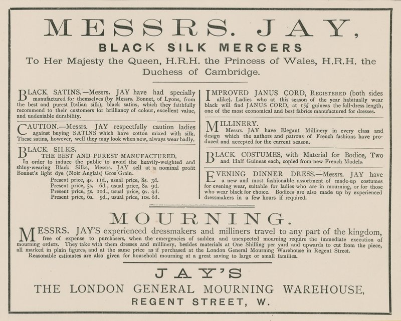 Pubblicità per Messrs Jay, The London General Mourning Warehouse, Regent Street da English School