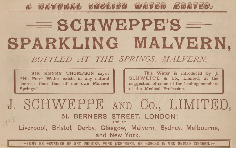 Pubblicità per Schweppes Sparkling Malvern, imbottigliata alle sorgenti, Malvern da English School