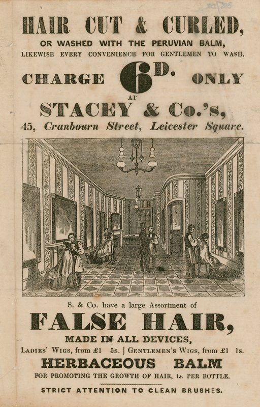 Pubblicità per Stacey & Co., 45 Cranbourne Street, Leicester Square, Londra, parrucchieri da English School
